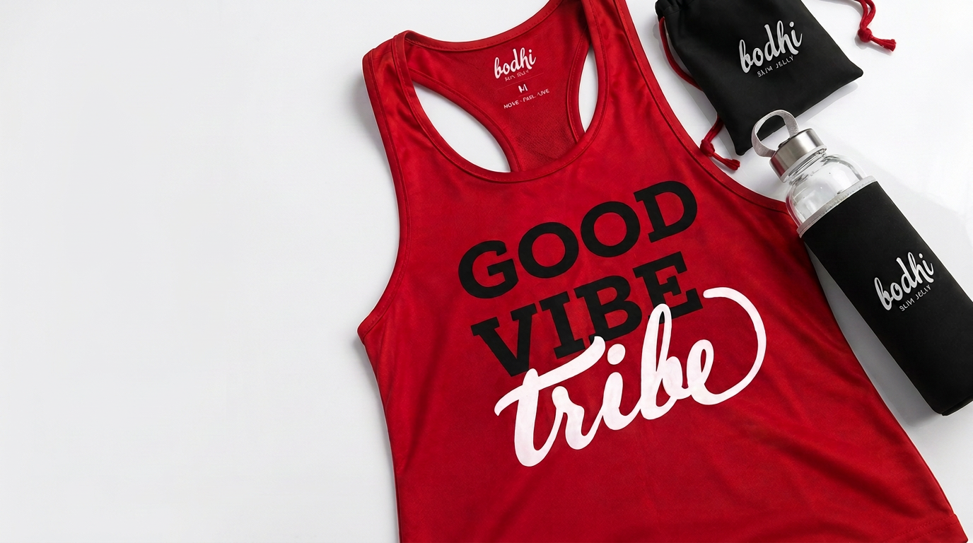 Tank top Good Vibe Tribe de Bodhi sobre fondo acrílico blanco