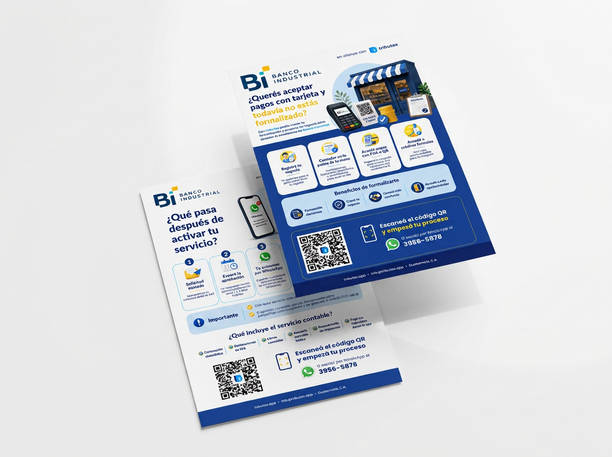 Volante informativo de Tributax en alianza con Banco Industrial sobre fondo acrílico blanco